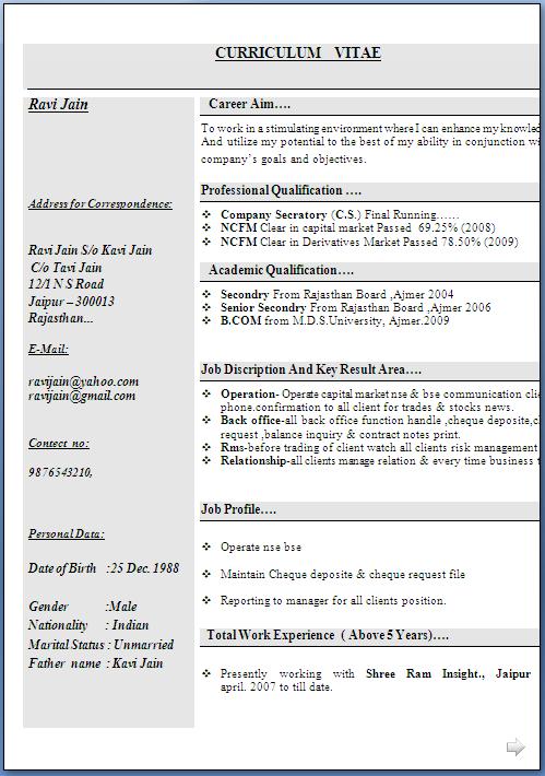 Free Download B Com Resume Format