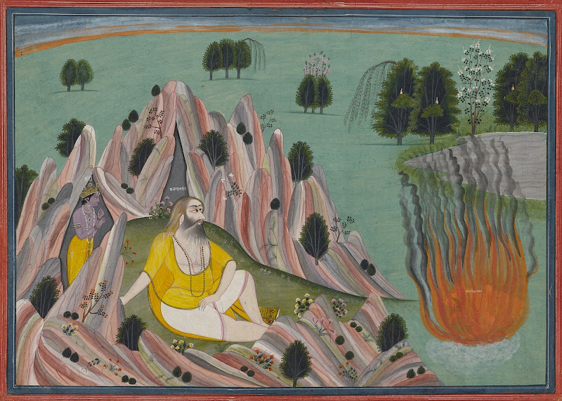 Krishna Lures King Kalayavana to the Cave of Muchukunda where he is Burnt to Ashes, Illustration from a Bhagavata Purana series Kangra, Circa 1820–30