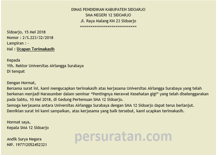 Contoh Surat Ucapan Terima Kasih yang Benar