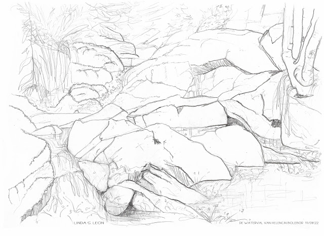 Waterfall from Helencin - Bolebor sketched on location with graphit pencil, by Linda S. Leon for https://tussendelijntjes.blogspot.com/