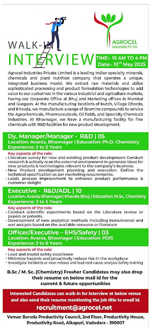 Agrocel Walk In Interview For ADL/Safety/EHS/R&D Dept