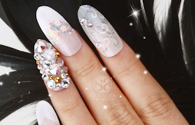 White Dress Self Nail! White, Silver and Stones nail art