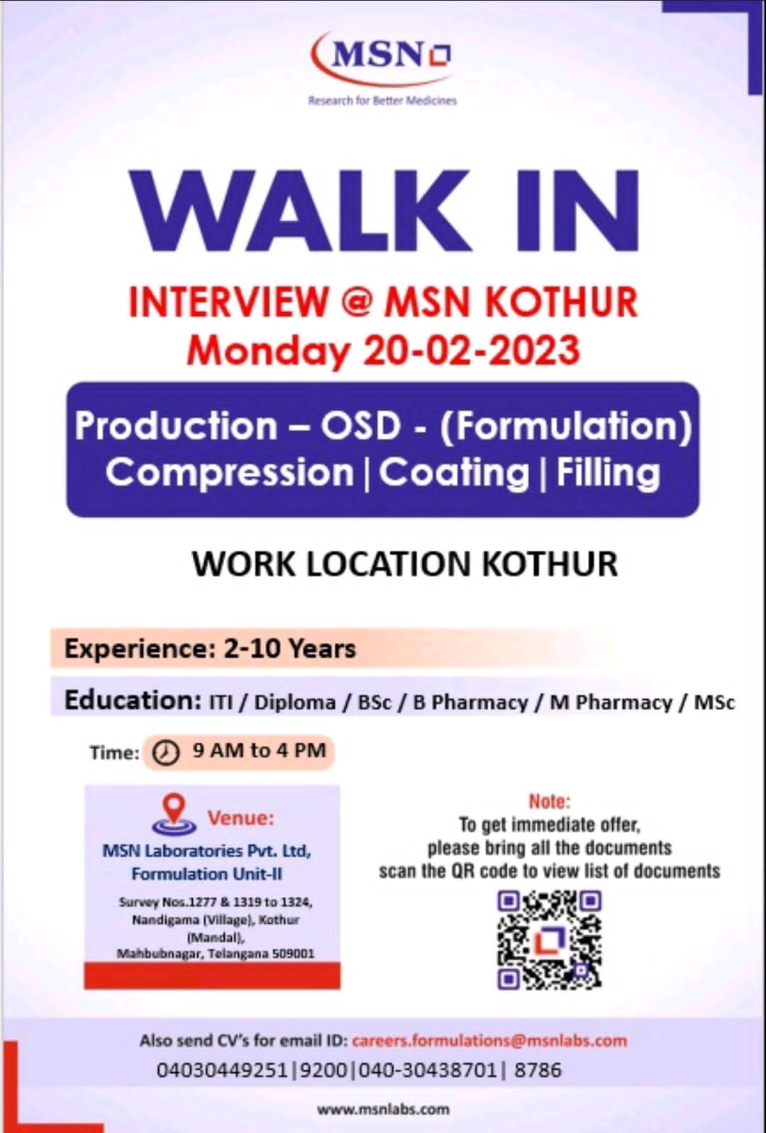 Job Availables, ITI/ Diploma / BSc/ B Pharmacy /M Pharmacy/MSc Walk In Interview At MSN Laboratories Pvt Ltd