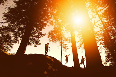 Silhouette of people standing on a ridge in the woods with the sun setting behind them.