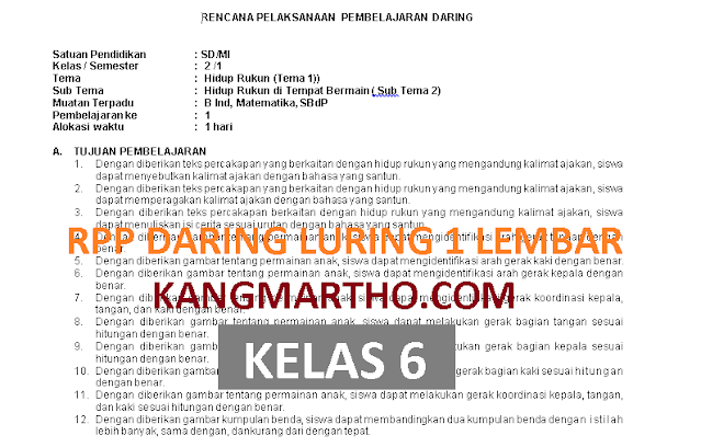 RPP DARING LURING 1 LEMBAR KELAS 6 SEMESTER 1 DAN 2