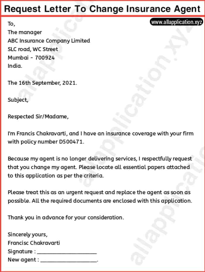 Request Letter To Change Insurance Agent.