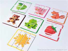 na zdjęciu siedem układanek dla małych dzieci, układanki przedstawiają jabłko, świnkę, lisa, misia, żabę,truskawkę i słońce