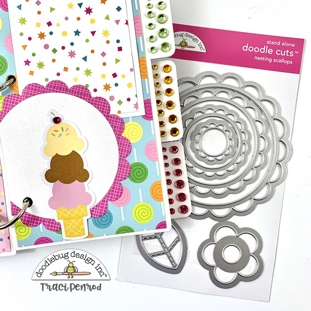 Happy Birthday Scrapbook Album Page with gems, an ice cream cone, candy, confetti, and a scalloped circle photo mat