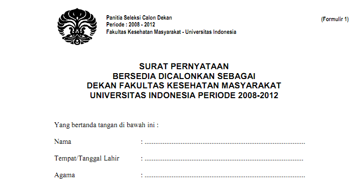 SURAT PERNYATAAN BERSEDIA DICALONKAN SEBAGAI DEKAN