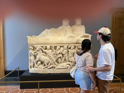 Roman Sarcophagus with life of Achilles at Getty Villa museum in Pacific Palisades, California