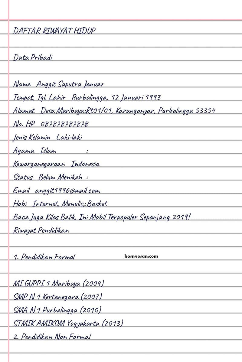 15 Contoh CV Tulis Tangan yang Baik dan Benar - KOSNGOSAN