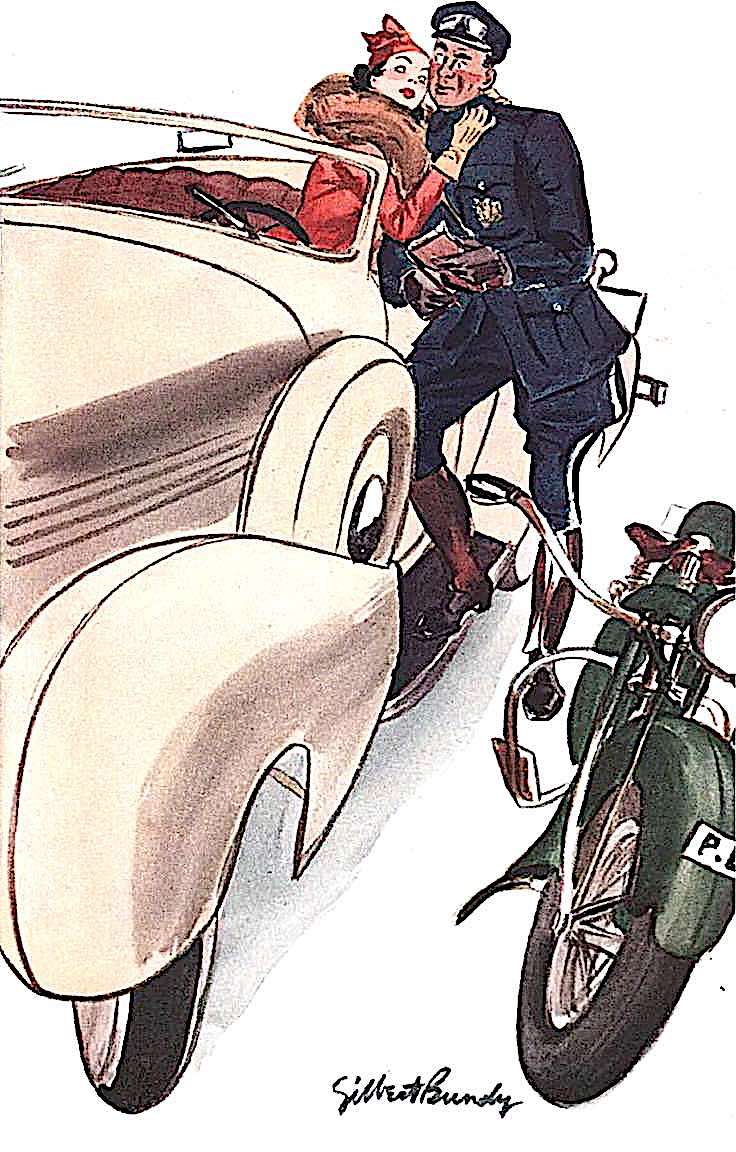 a Gilbert Bundy illustration of a traffic policeman with motorcycle stopping a pretty woman