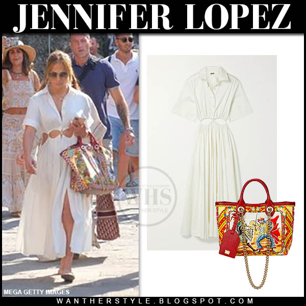 Jennifer Lopez in white cutout shirt dress and red printed tote