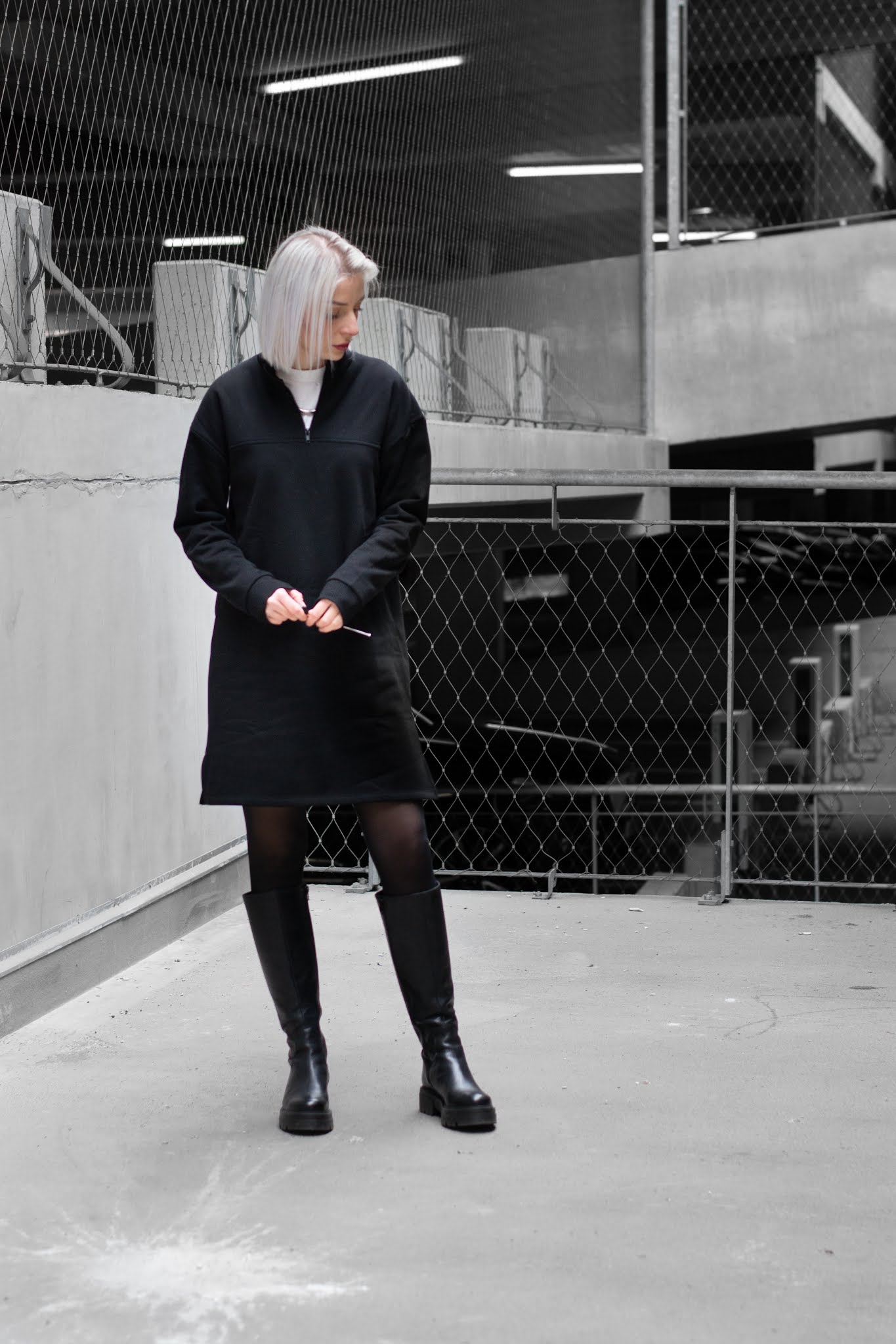 My jewellery, sweater dress, sacha shoes, boots, falke tights, all black, minimal