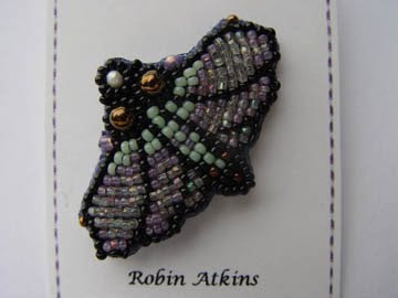 bead embroidery, moth pin, by Robin Atkins, original photo