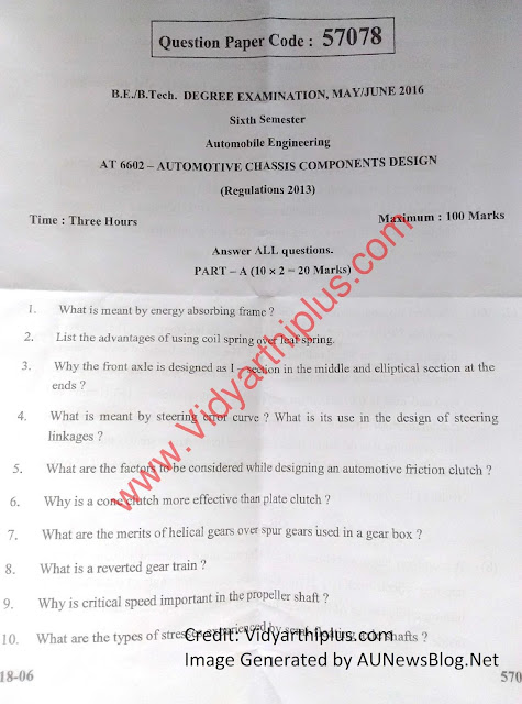 AT6602: Automotive Chassis Component Design May June 2016 Question Paper & Important Questions