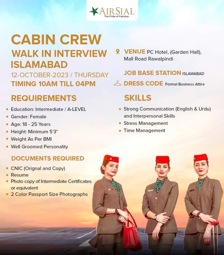 AirSial Airline Female Cabin Crew Islamabad Jobs 2023 Walk-in Interview
