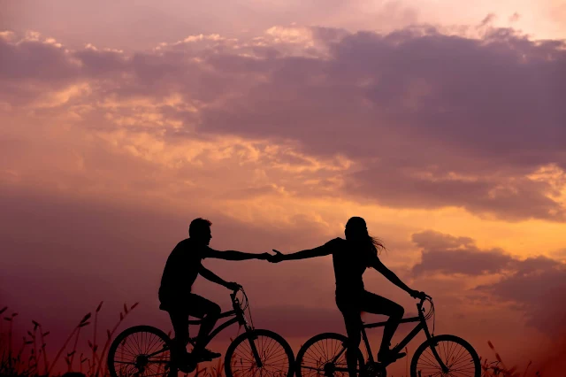 A couple on a bike holding hands silhouetted against a sunset