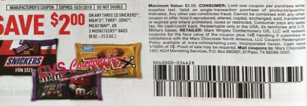 $2/3 Snickers, M&ms, Twix, Dove, Milky Way, Or 3 Musketeers Bars Coupon