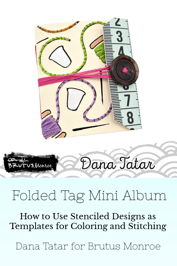 How to create a small whimsical miniature book using a folded tag and stamped and stenciled designs as a guide for coloring and hand stitching.