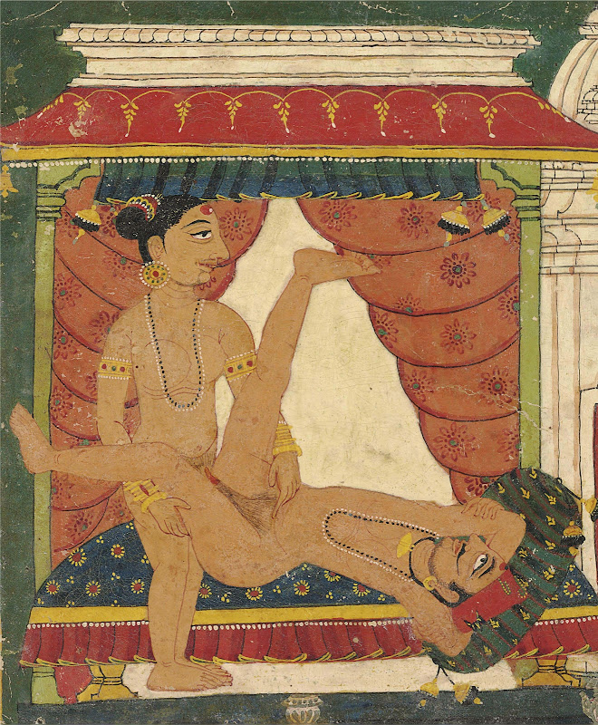 A Man Laying on a Divan with a Lady Standing and Holding Him in a Lovemaking Embrace - Miniature Painting, North India, Probably Basholi, Early 18th Century