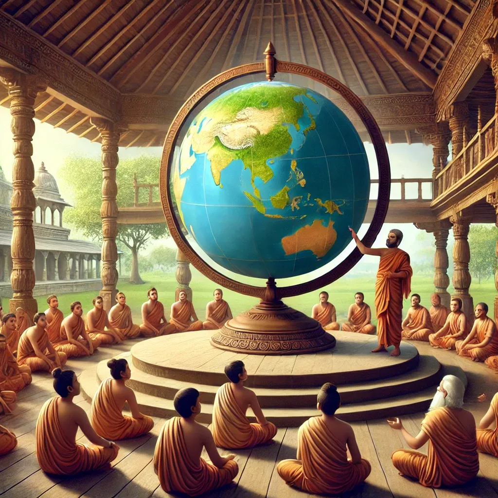 प्राचीन भारत के महान गणितज्ञ और खगोलशास्त्रीHere is the second image showing Āryabhaṭa explaining the Earth's rotation to his students in a traditional gurukul-like setting.