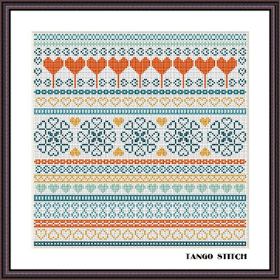 Orange blue hearts sampler cross stitch ornament  embroidery pattern - Tango Stitch