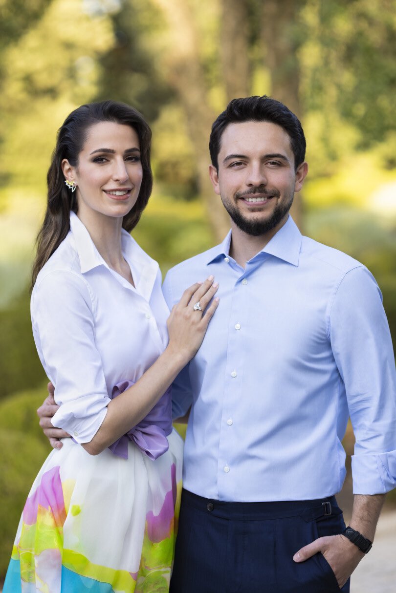 Prince Huessein and his fiancee Rajwa Khaled posed for more photographs in Amman after engagement