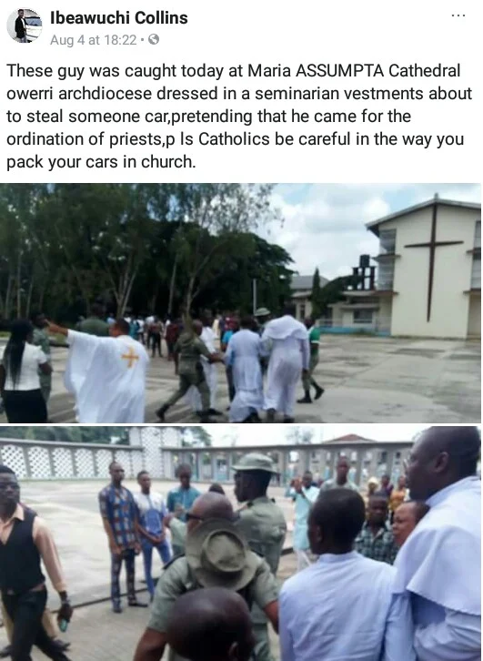 Photos: Thief dressed as Catholic Seminarian nabbed while trying to steal a car during Priestly Ordination in Owerri