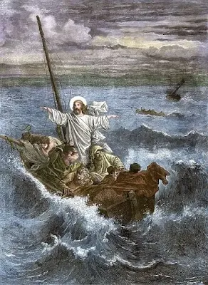 Jesus calms the waters among frightened disciples in a boat. Hand-colored woodcut of a 19th-century illustration