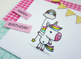 Handmade birthday card featuring unicorn with rainbow balloon (using Unicorns rock stamps from Your Next Stamp)