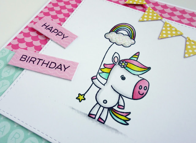 Handmade birthday card featuring unicorn with rainbow balloon (using Unicorns rock stamps from Your Next Stamp)