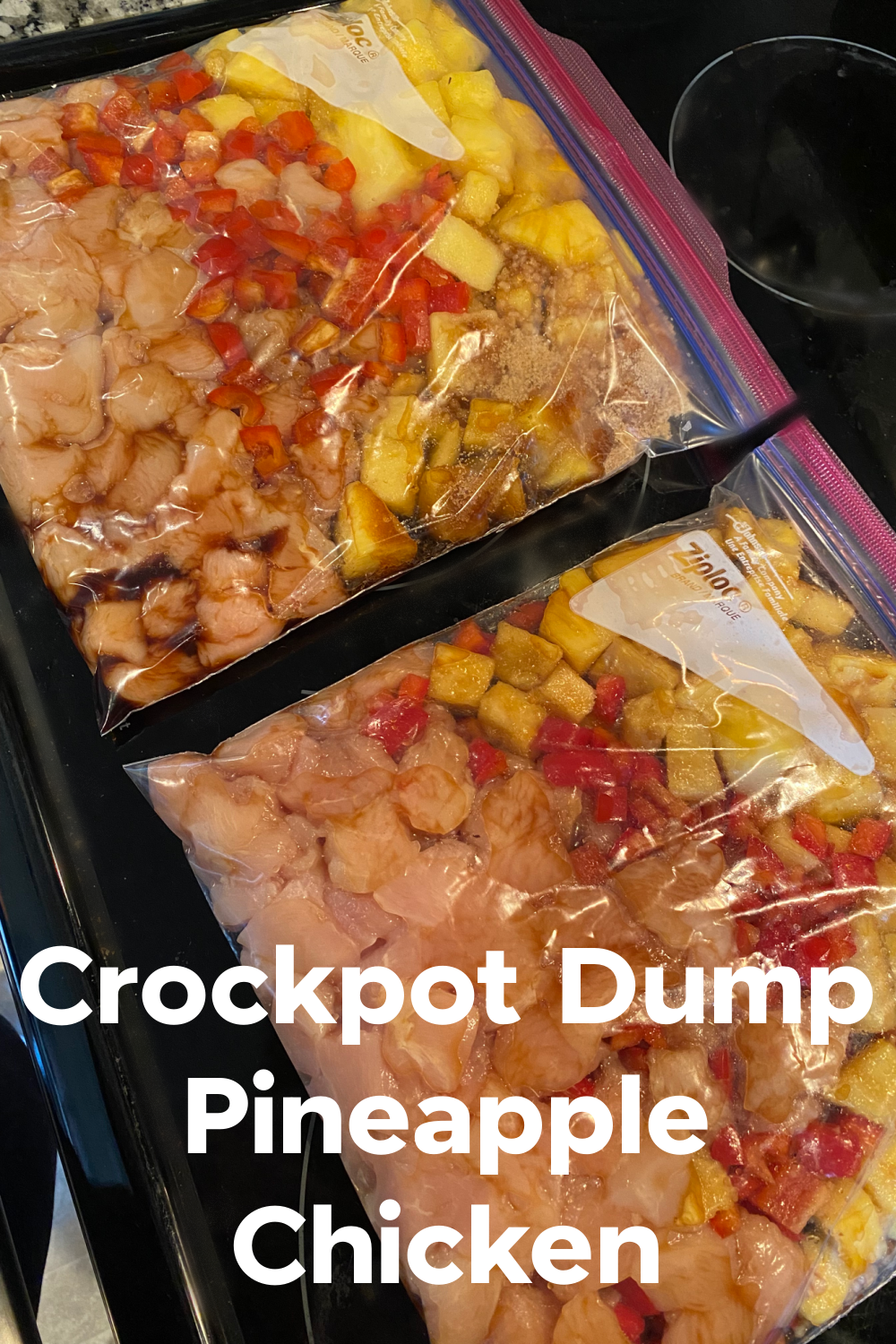 ingredients for crockpot pineapple chicken in ziploc bags ready for freezer