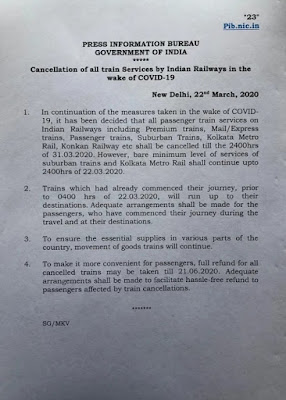 ২৩ মার্চ থেকে ৩১ মার্চ পর্যন্ত সমস্ত প্যাসেঞ্জার ট্রেনের পরিষেবা বন্ধ করে দিল রেলমন্ত্রক। সমস্ত রকম এক্সপ্রেস ও মেল ট্রেন,লোকাল ট্রেন, কলকাতা মেট্রো। তবে রেলের তরফ থেকে বলা হয়েছে, ট্রেন ও মেট্রো রেল ২২ মার্চ রাত ১২ টা পর্যন্ত চলবে। তারপর ২৩ মার্চ থেকে ৩১ মার্চ পর্যন্ত প্যাসেঞ্জার ট্রেনের পরিসেবা বন্ধ হয়ে যাবে।