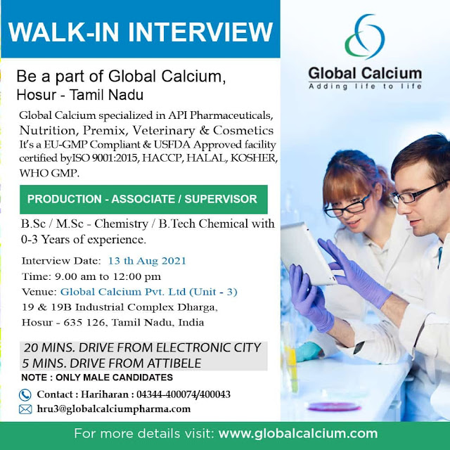 Job Availables, Global Calcium Pvt. Ltd  Walk-In Interviews for Freshers & Experienced B.Tech Chemical/ Bsc/ Msc