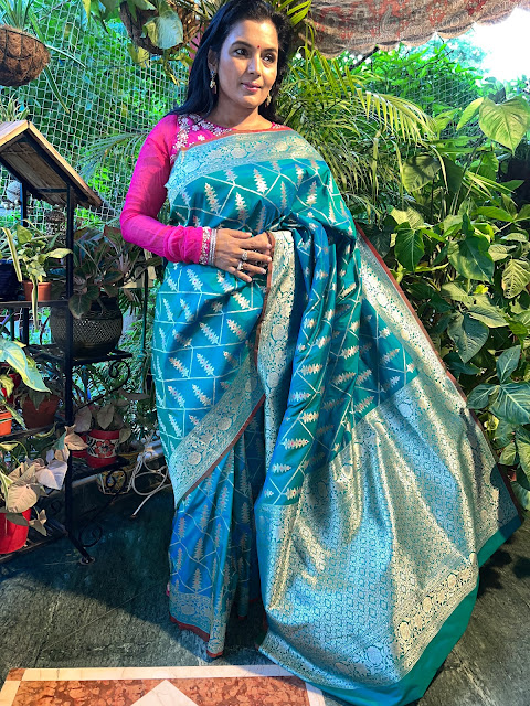 Ektara silk soft drape, light weight, shot colour peacock blue/ green with meenakar