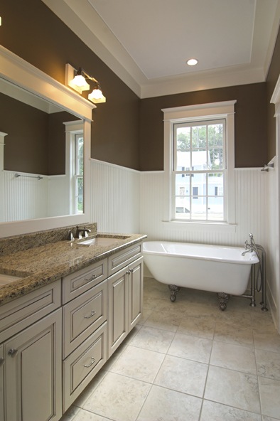 bathroom, bath, room, clawfoot, tub, bathtub, white, granite, wainscot, plumbing, window, inside, interior, remodel, cabinet, elegant, expensive, beautiful, clean, immaculate, affluent, tile, floor, crown, molding, hardware, mirror, fixture, light, beadboard