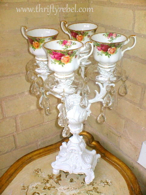 repurposed candelabra with teacups