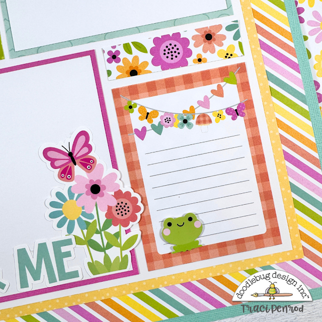 12x12 Spring Scrapbook Page Layout with colorful stripes, butterflies, pretty flowers, a cute frog, and a journaling card