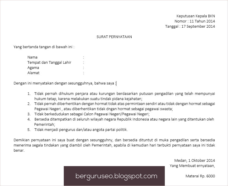 Contoh Surat Pernyataan Kesanggupan - Wall PPX