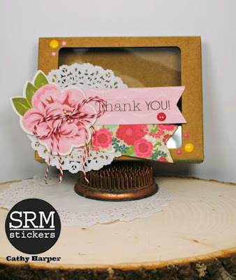 SRM Stickers Blog - Thank You Gift Set by Cathy - #cards #cardset #kraft #windowbox #doilies #twine #stickers #borders #giftset #DIY