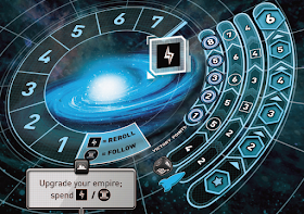 The player mat. On the left is an image of a galaxy. Surrounding that is a circular track with spaces numbered from 1 to 7. There is a space with the energy icon, which resembles a lightning bolt, and another space with the energy icon labelled as 'reroll' and the culture icon, which resembles a greek column, labelled 'follow.' Below that is a box labelled with the 'utilize a colony' icon, which says 'Upgrade your empire; spend [energy icon] / [culture icon].' Along the right side of the mat are four tracks, running in concentric arcs. The outhermost has six spaces; the first has a star icon, the rest are numbered 2 through 6. The next track inward (to the left) is labelled with a rocket ship icon. There are six spaces here as well, each one is placed even with the spaces in the first track. The first two spaces are numbered 2; the next two are numbered 3 (the first of these two spaces has a box around the 3), and the last two are labelled 4 (the first of these two spaces has a box around the 4 as well). The next track inward is labelled with an image of the special dice used in the game. There are six spaces here as well, each also even with the spaces from the other two tracks. The first space is labelled with a 4, the second and third with a 5 (the first five is in a circle), the fourth and fifth with a 6 (the first of which is also in a circle), and the sixth has a 7 in a circle. The last track is shorter; it only has five spaces, which are even with the second through sixth spaces of the other three tracks. This track is labelled 'Victory Points,' and is numbered 1, 2, 3, 4, 5, and 8 (no, not 6).