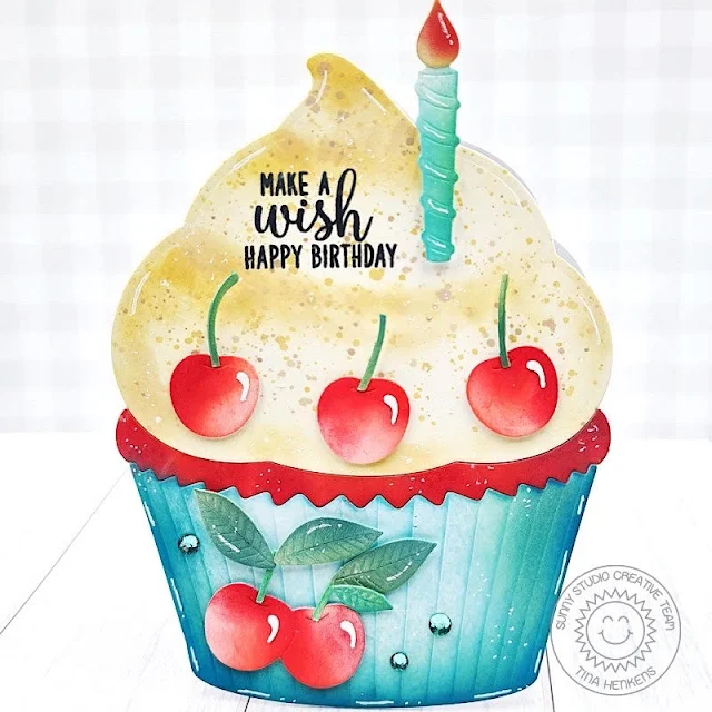 Sunny Studio Stamps: Wild Cherry Birthday Card by Tina Henkens (featuring Cupcake Shape Dies)