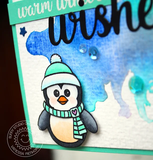 Sunny Studio Stamps: Bundled Up Watercolored Background Winter Wishes Card by Vanessa Menhorn