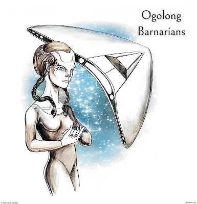 An illustration depicting a female Ogolong mercenary with their triangular ship against a galaxy background