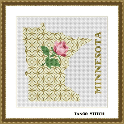 Minnesota map cross stitch pattern floral ornament embroidery - Tango Stitch