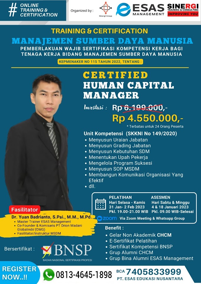 WA.0813-4645-1898 | Certified Human Capital Manager (CHCM), Sertifikasi BNSP RI Human Capital Manager, Sertifikasi Manajemen Sumber Daya Manusia (MSDM) BNSP RI