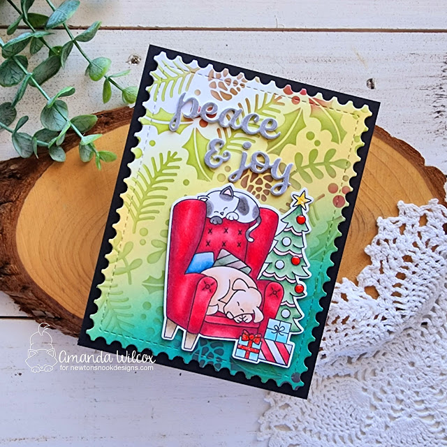 Dog and Cat Christmas Card by Amanda Wilcox | Christmas Nap Stamp Set, Holiday Foliage Stencil, and Framework Die Set by Newton's Nook Designs