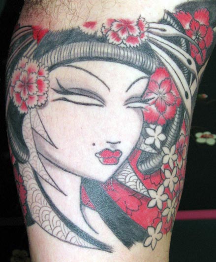 Geisha Inner Arm Tattoo with Red Carnations