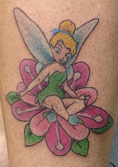 Colorful Tinkerbell with name tattoo.
